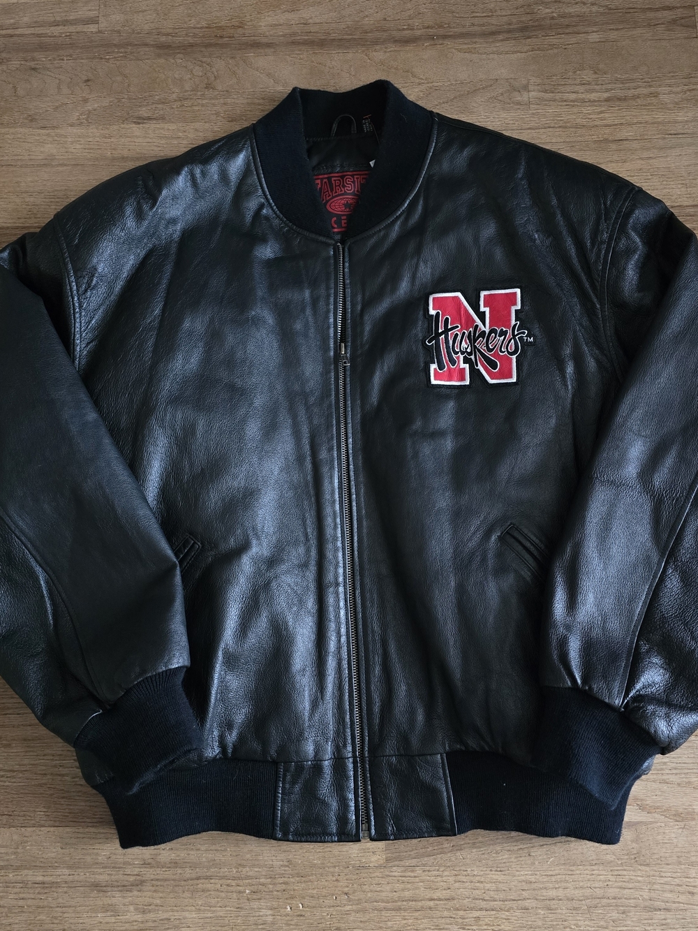 Nebraska Cornhuskers Huskers Black Leather Bomber Jacket Mens XL
